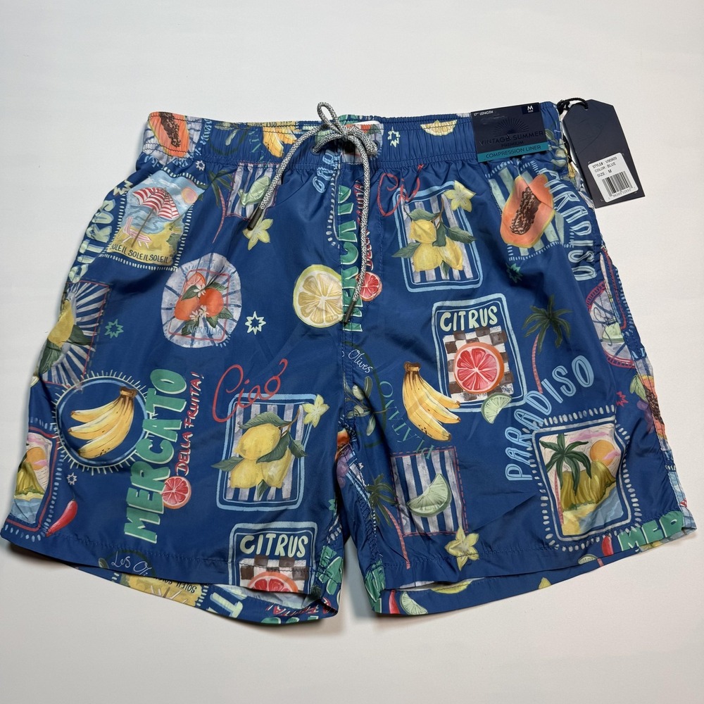 Vintage Summer Swim Trunks Mens M Blue‎ Citrus Fruit Print Compression Liner
